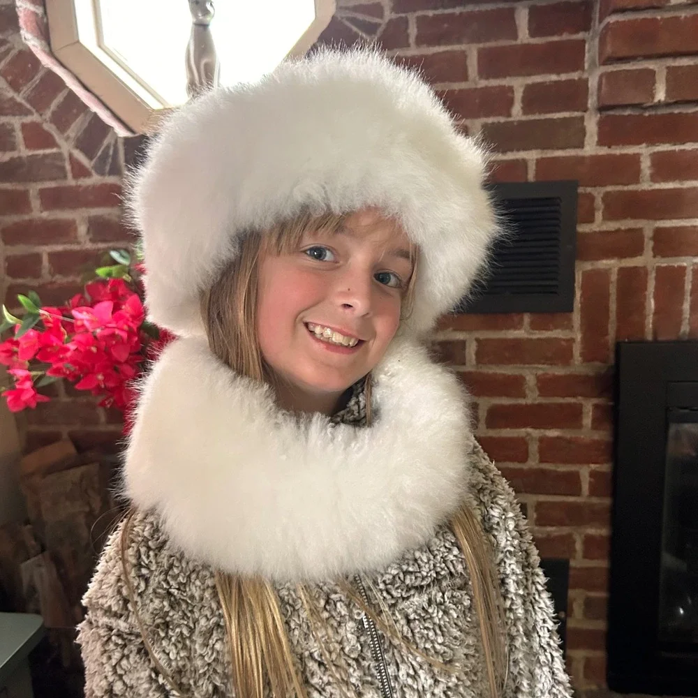 Alpaca Fur Cossack Hat & Detachable Collar Set Ivory Peruvian Soul Women Girls